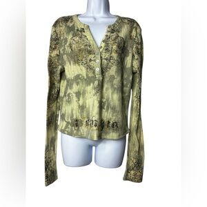 I Am Gia Green Henley Button Stretch Knit Crop Top Size XL Y2K 2000s